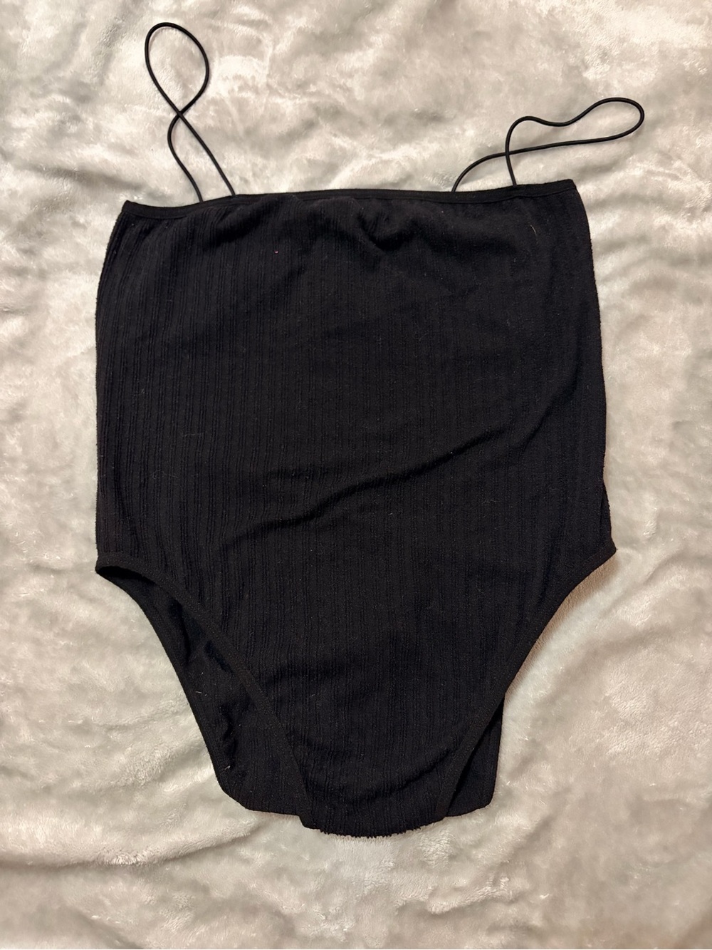SHEIN Black Ribbed High-Cut Bodysuit with Spaghetti Straps